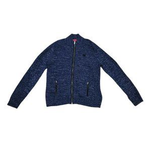 GUESS Men's XXL Marled Navy Full Zip Mock Neck Knit Cardigan Logo Zipper Pockets